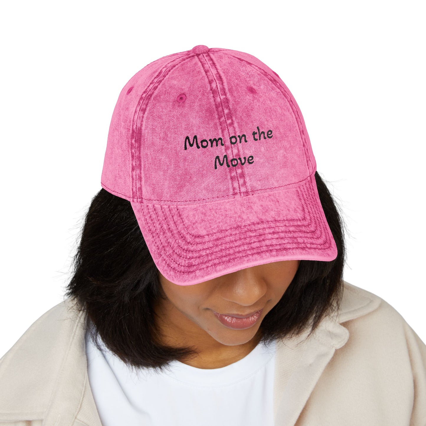 Distressed Embroidered Cap | "Mom on the Move"