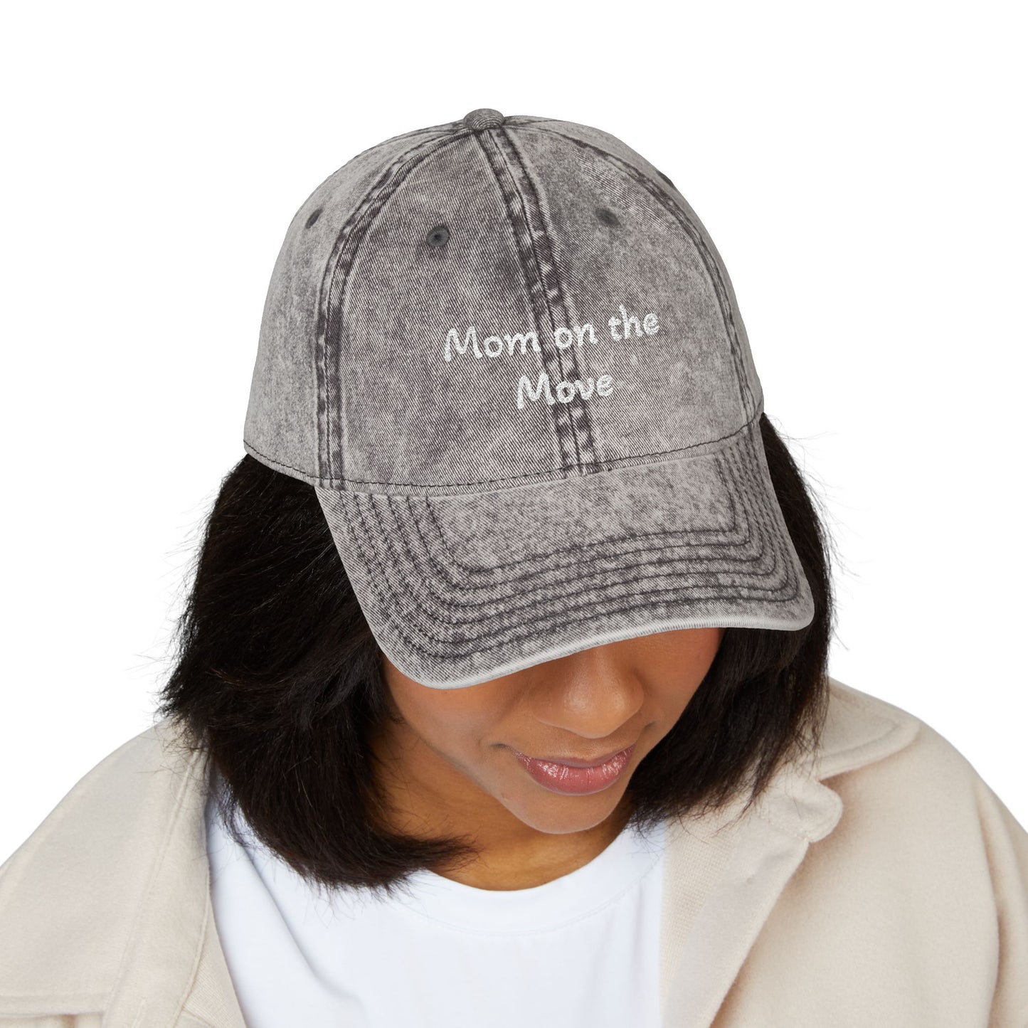 Distressed Embroidered Cap | "Mom on the Move"