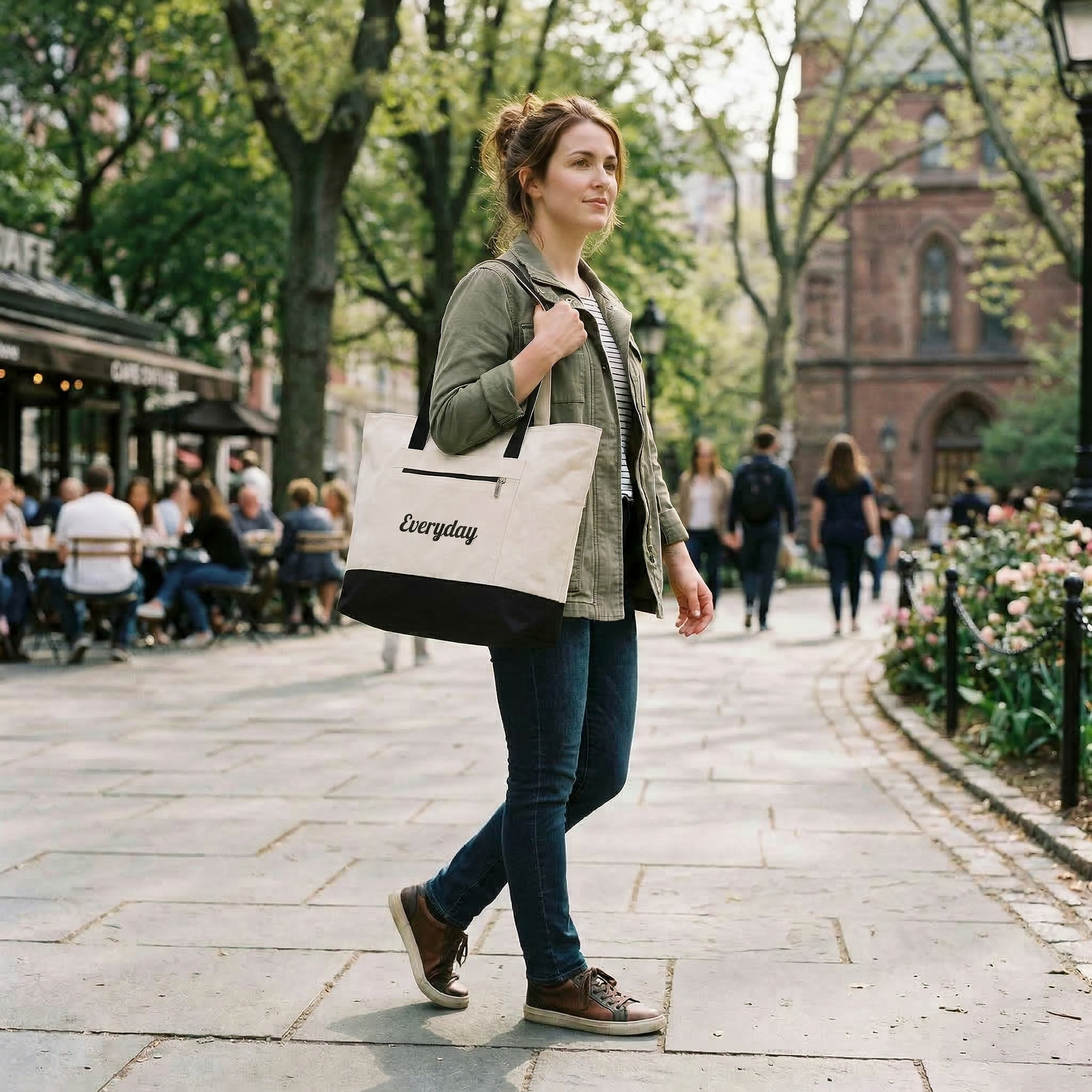 Everyday Canvas Tote Bag - Zippered Large Tote with Front Pocket