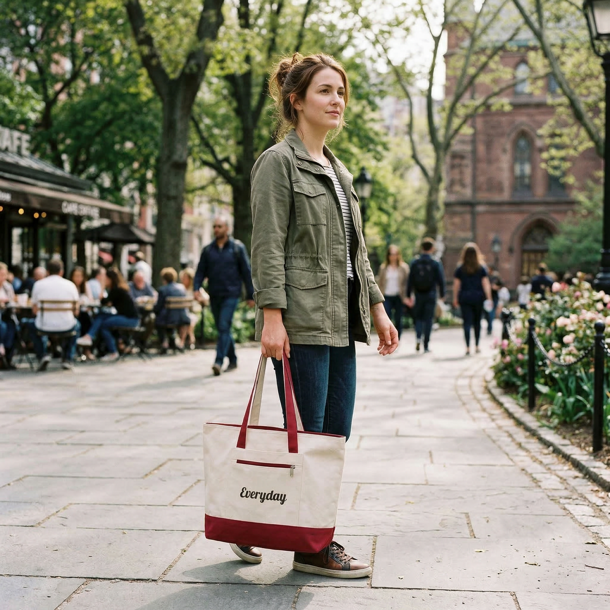 Everyday Canvas Tote Bag - Zippered Large Tote with Front Pocket